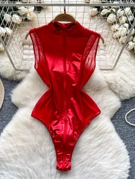 Foamlina Women's Metallic Mesh Bodysuit Mock Neck Leotard Bodycon One Piece Seductive Clubwear Sexy Top Rompers Jupsuit