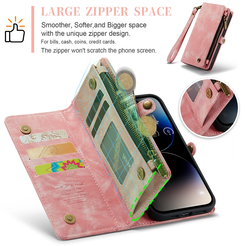 Hand Strap Leather Case For iPhone 15 Pro Max 14 13 12 11 Pro Max 15 Plus 13 Pro Zipper Wallet Card Slots Phone Flip Cover