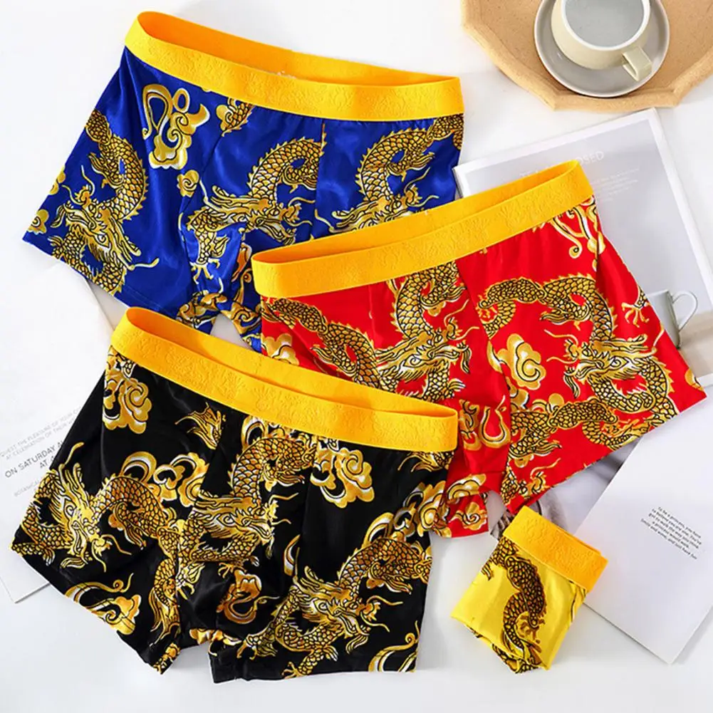 1Pc Men Dragon Pattern Underwear Year of The Dragon Sexy Soft Boxer Briefs Mid-rise Elastic Wide Waistband Underpants Mens Gifts