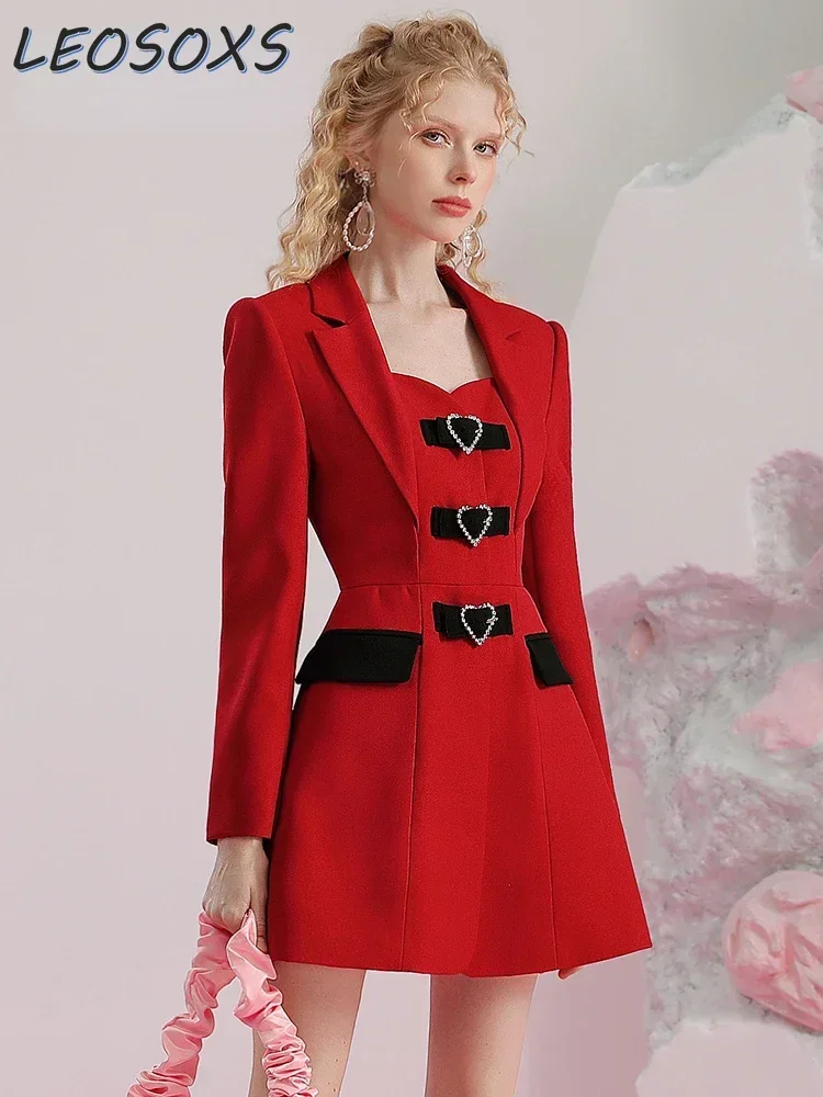 2023 Winter New Elegant Temperament Red Mini Dress Officially Simple Design Love Turn-down Collar  Women Dress  Women Clothing