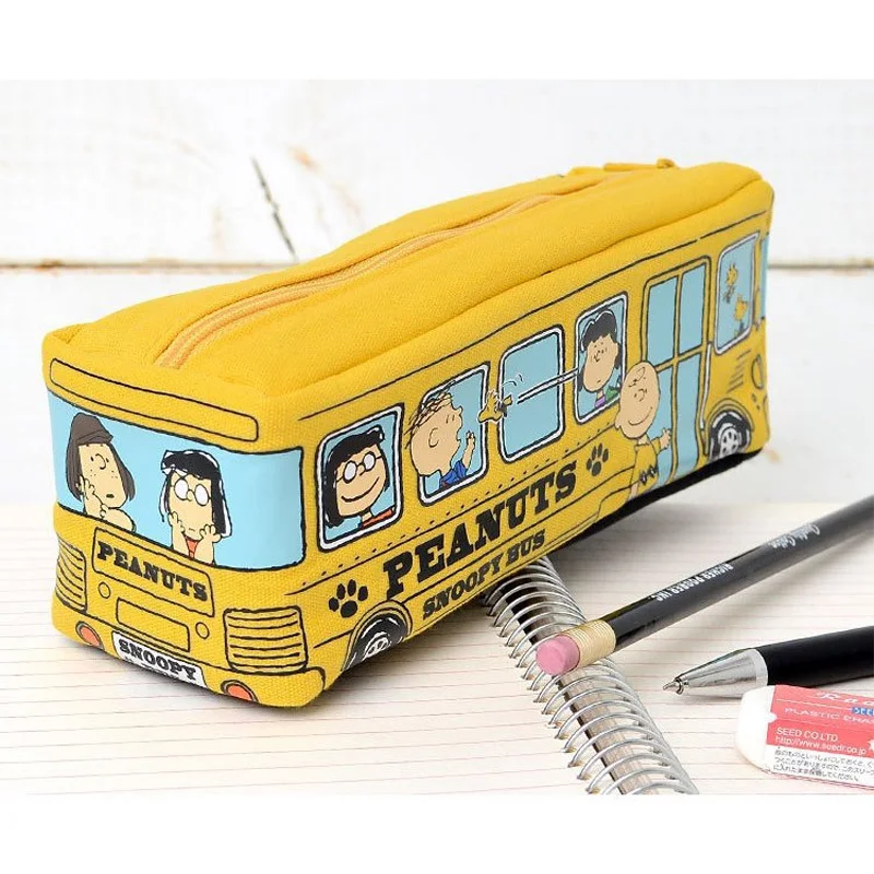 Cartoon Snoopy Bus Pencil Bag Canvas Large Capacity Car Zipper Pen Pencilcase for Student Stationery School Supplies kids gift 4