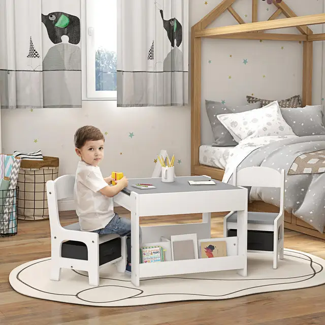 Qaba 3pc Kids Table and Chair Set with Reversible Tabletop Blackboard, Storage & Bookshelves, Gray
