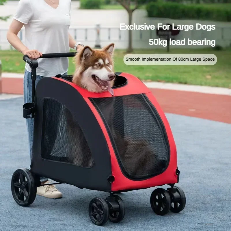 Foldable Large Dog Pet Stroller Large Space Breathable Mesh Dog and Cat Stroller for 50KG Walking Transport Car