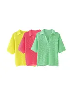 Women Fashion Pointelle Knit Loose Sweater Polo Collar Short Sleeve Female Pullovers Chic Tops
