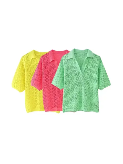 Women Fashion Pointelle Knit Loose Sweater Polo Collar Short Sleeve Female Pullovers Chic Tops