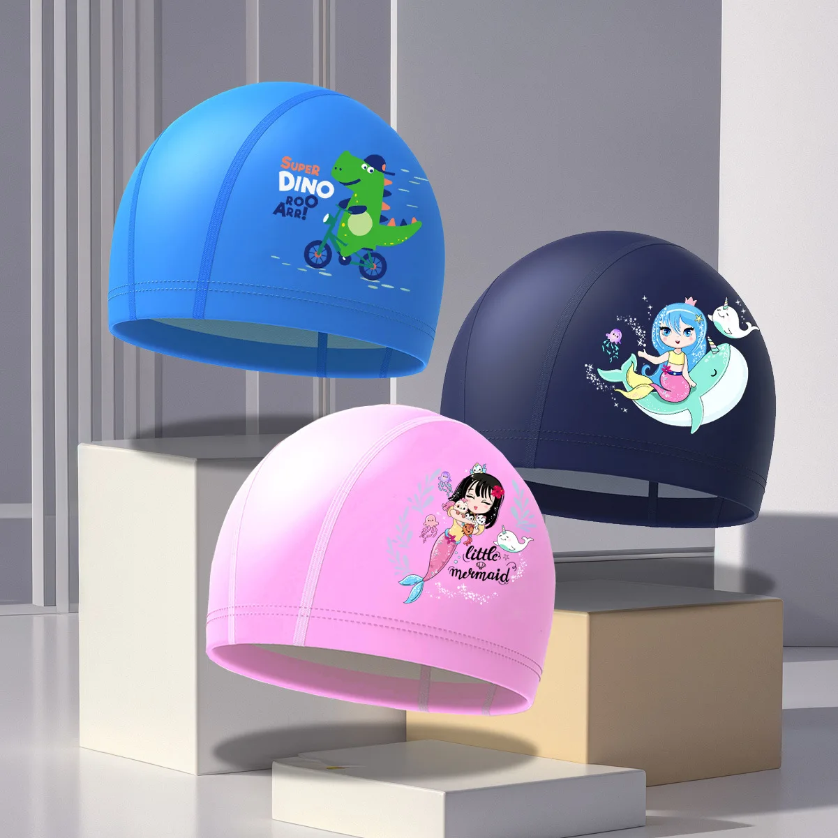 Children's Swimming Cap Cute Cartoon Printed Coated Swimming Cap Waterproof Ear Protector PU Swimming Cap for Boys and Girls 2