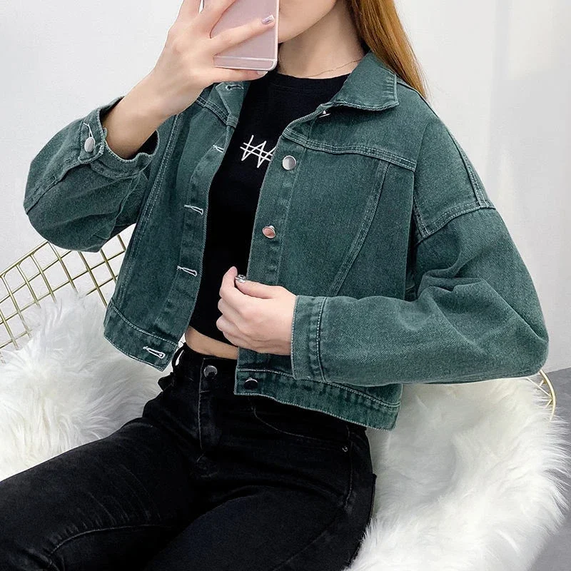 Korean Cropped Denim Jacket Womens 2023 Spring Autumn Casual Loose solid Jean Jacket Street Long Sleeve Short Outerwear Tops autumn women s jeans cool street high waisted jeans pocket contrasting color stitching straight jeans womens distressed jeans