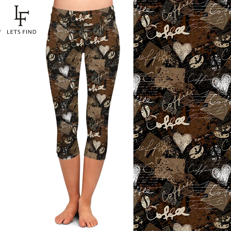 LETSFIND Fashion New Coffee and Heart  Printing Soft Women Capri Leggings High Waist Fitness Slim Mid-Calf Leggings