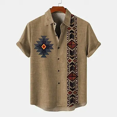 Bamboo Linen Retro Ethnic Totem Print Men's Short Sleeve Shirt Hawaiian Casual Loose Lapel Men's Tops