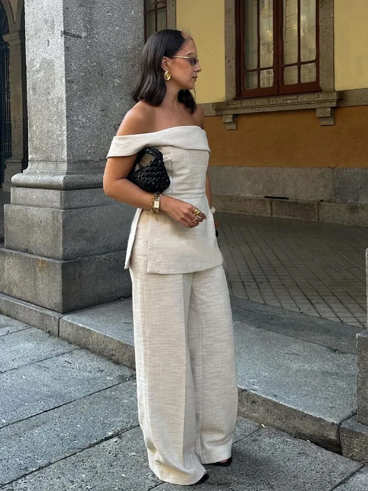HH Women 2 Piece Set Back Zipper Side Slit Crop Design Slash Neck Casual  Top+High-Waisted Zip-up Casual Slim Wide Leg Pants - AliExpress 200000345