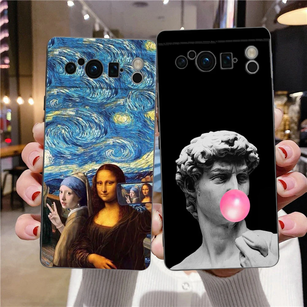 Artistic Shockproof Black Silicone Phone Case with David and Mona Lisa Design