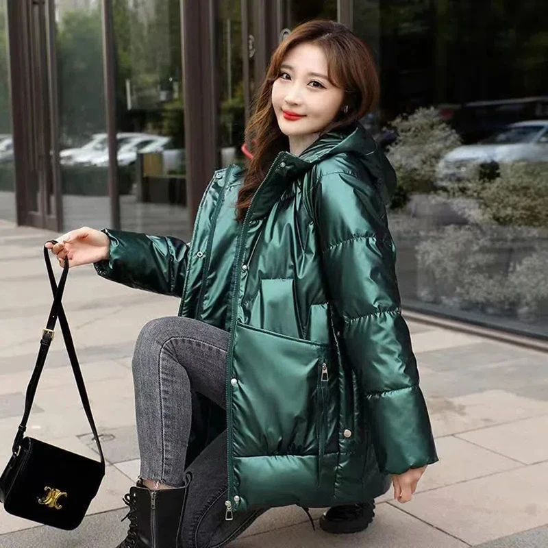 Bright Face Wash Free Down Cotton Jacket Women 2022 Winter Medium length Style Hooded Fashion High-End Padded Coats Female