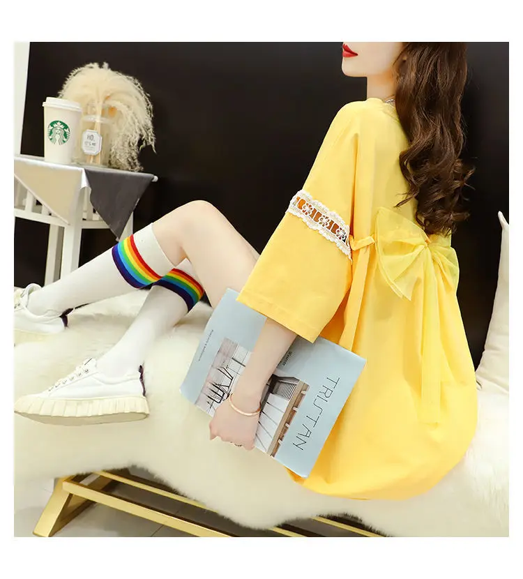 ★lalafox★LACE RIBBON TIE T-SHIRT★Yellow★韓国★大人気★ Yellow Long Sleeve Shirt Womens | Women Yellow Shirt