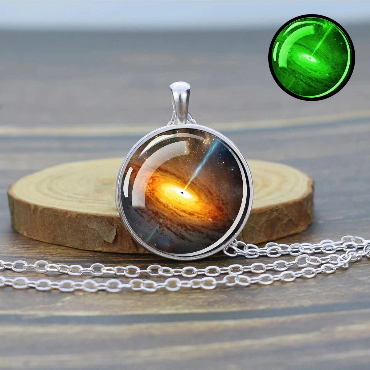 Glow In The Dark Galaxy Pendant Necklace - Double Sided Glass Planet Necklace For Women & Men