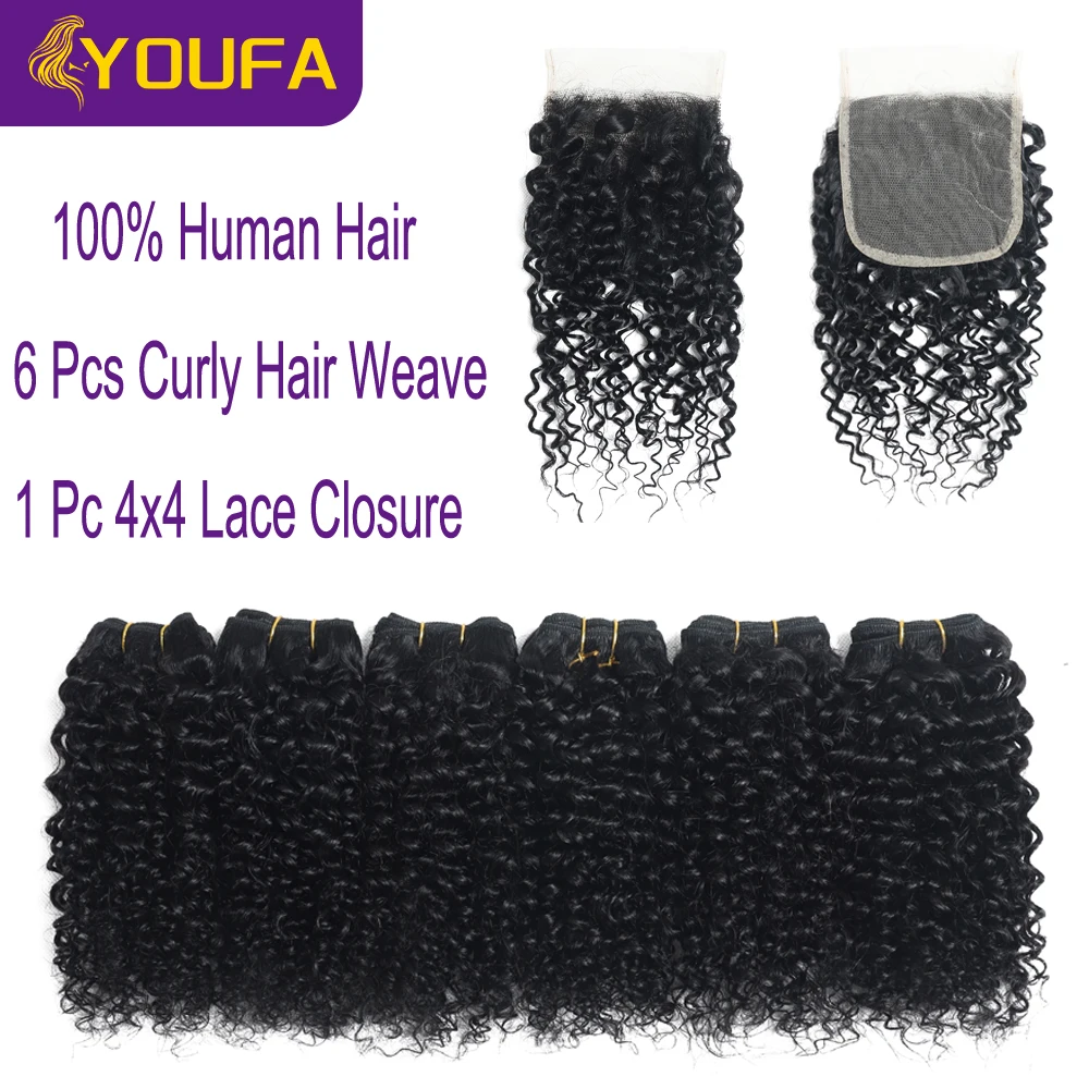 YOUFA 12A 6 Pcs Kinky Curly Human Hair Weave Bundles With 4x4 Transparent Lace Closure For Black Women Natural Color Human Hair