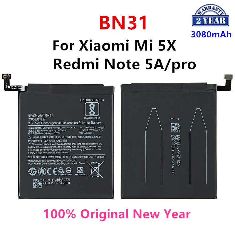 

100% Orginal BN31 3080mAh Battery For Xiaomi Mi 5X Mi5X Redmi Note 5A / Pro Mi A1 Redmi Y1 Lite S2 BN31 Batteries