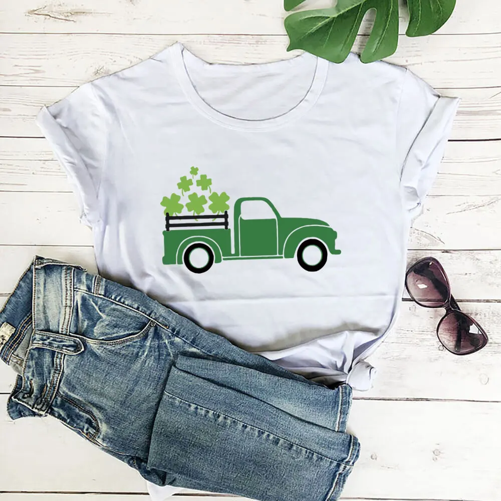 

Truck Shamrock St Patrick's Day Shirt 100%Cotton Women Tshirt Unisex Funny Summer Casual Short Sleeve Top Lucky Shirt Irish Tee