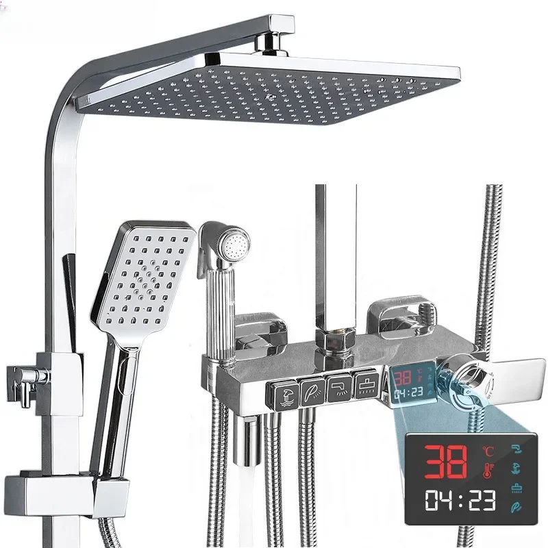 

Digital Chrome Shower Set Faucet Bathroom Hot Cold Mixer Rain System Wall Mount Full Kit Bath Tap Bathtub Silver Luxury Bidet