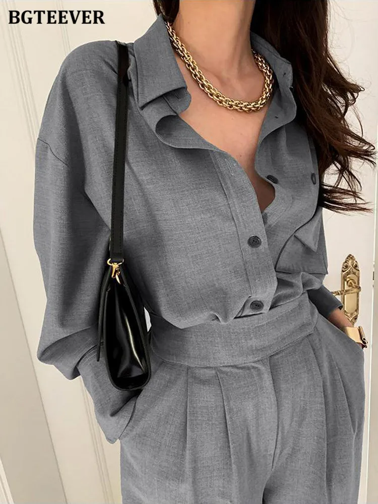 

BGTEEVER модный осенний свободный Женский комплект из 2 предметов рубашки с длинным рукавом блузки и широкие брюки костюм брюки женские брюки