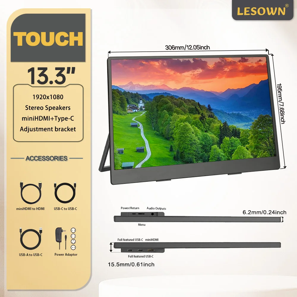 شاشة LESOWN 13.3 بوصة 4K محمولة UHD 3840x2160 IPS...