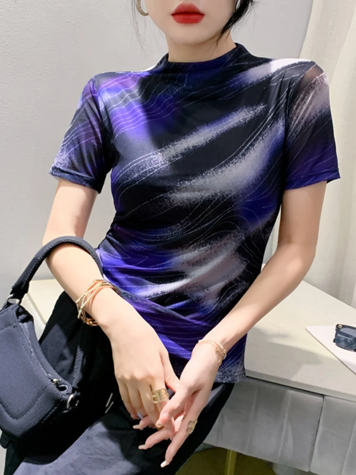 

Autumn New Fashion Print Slim Fit Mesh Tee Contrast Color Half Turtleneck Short Sleeve T-shirt Women's Trendy TShirts