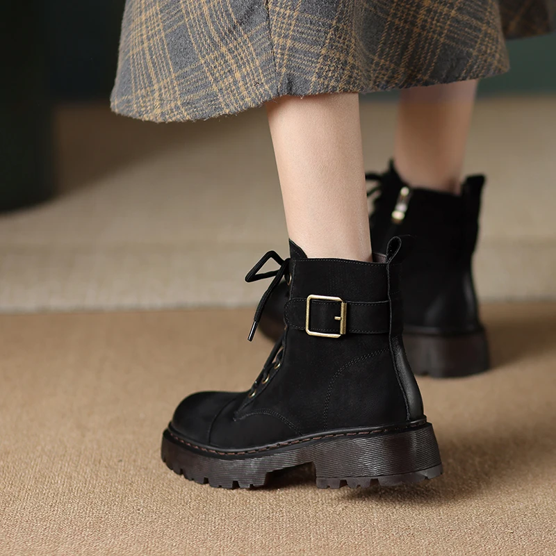 

European Russia winter boots natural leather warm snow boots 22-24.5cm cowhide+wool ankle boots Buckle side zipper Woolen boots