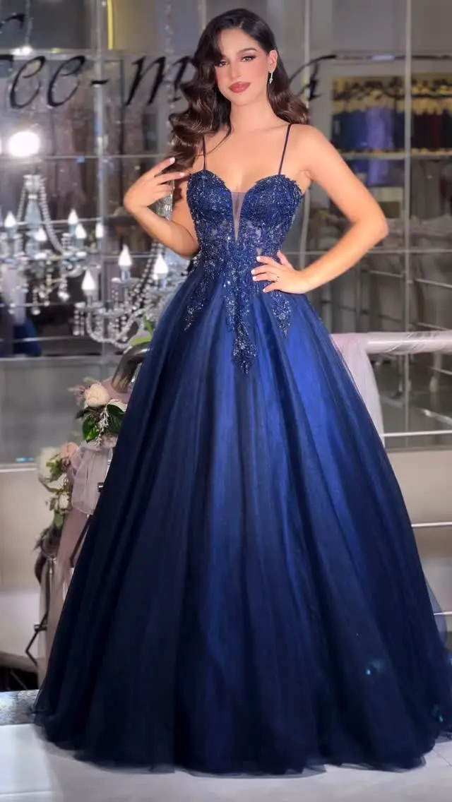 Navy Blue A Line Sparkly Prom Dresses Long 2025 V Neck Lace Appliques  Beading Spaghetti Straps Tulle Evening Gowns Customized - AliExpress 320