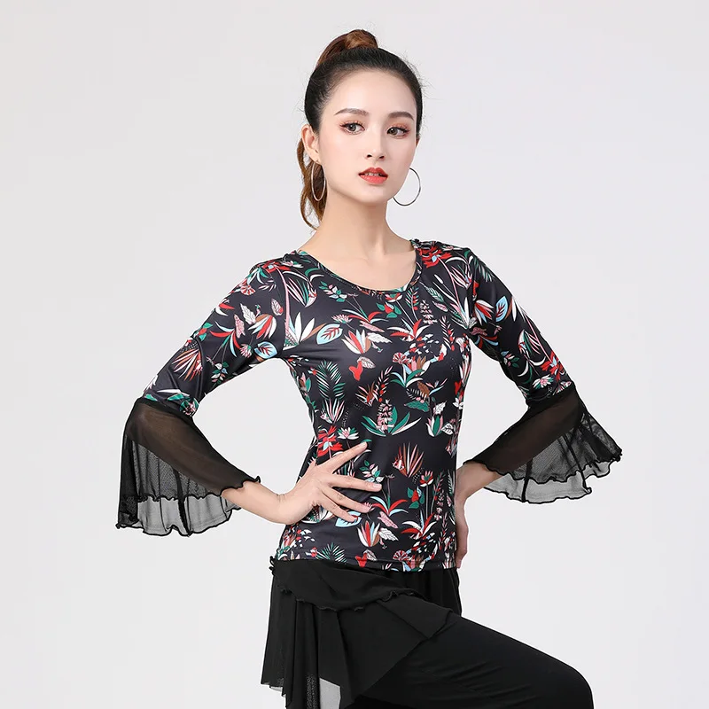 

1pcs/lot woman fashion print ballroom dancing top lady waltz dancing floral blouse