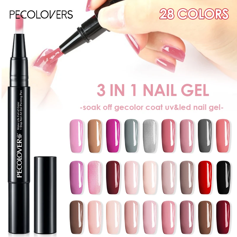 PECOLOVERS 28 Colors 3 In 1 Step Nail Varnish Pen One Step Nail Gel