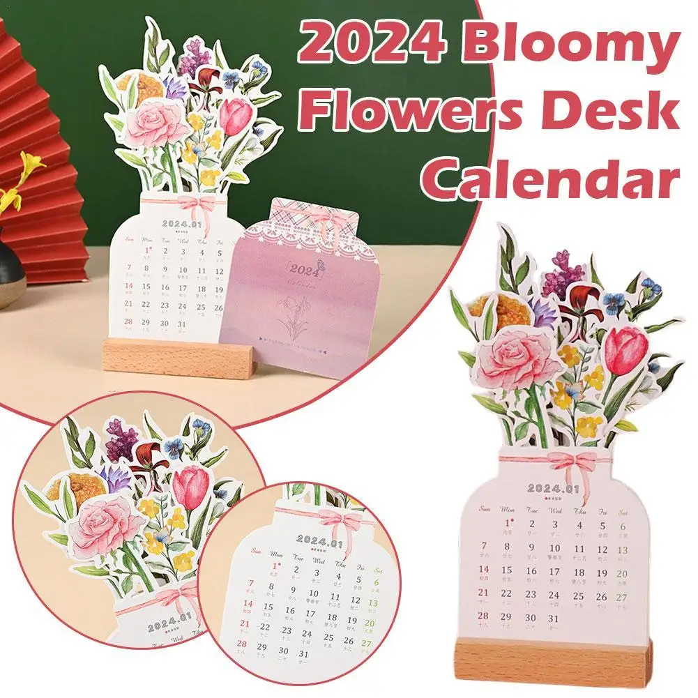 

1pc 2024 Wooden Frame Bloomy Flowers Desk Calendar Cute Creative Mini Notepad Exquisite Floral Girl Desktop Calendar Decoration