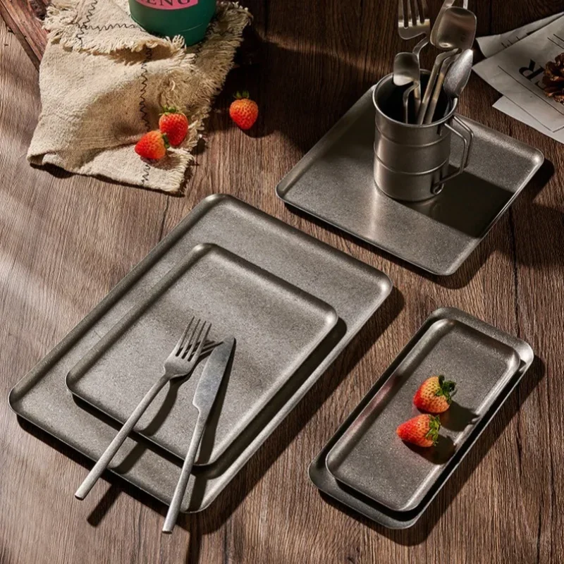 Vintage 304 Stainless Steel Snowflake Silver Square Tray Round Edge Dinner Plate Dessert Grill Tray Steak Plate Decorative dining dish