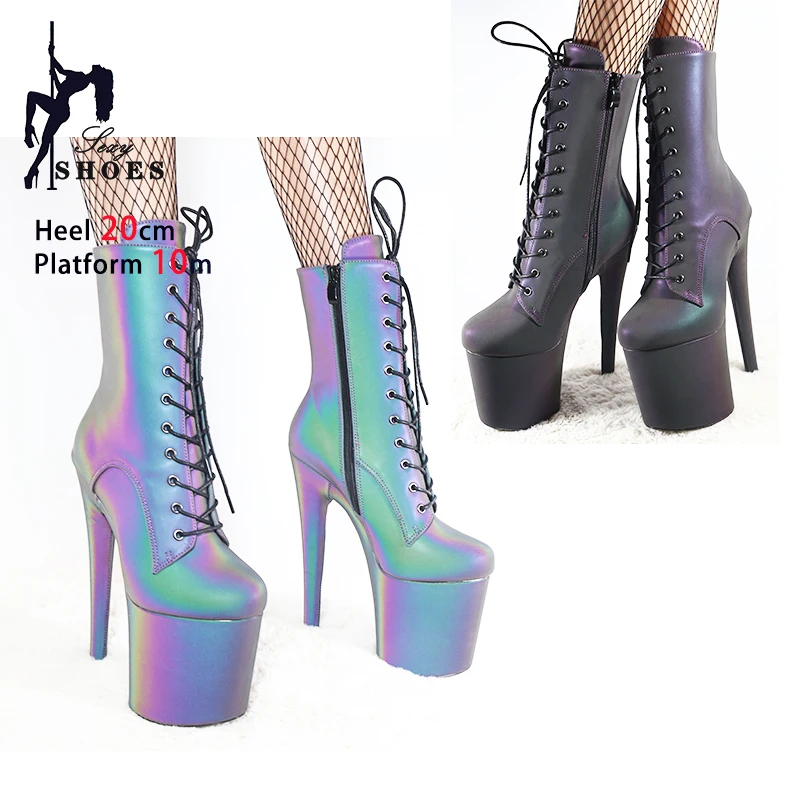 20Cm/8Inches Platform Ankle Boots Holographic Reflect Light Pu Pole Dancing Shoes Luminous Discolored Nightclub Women's Shoes
