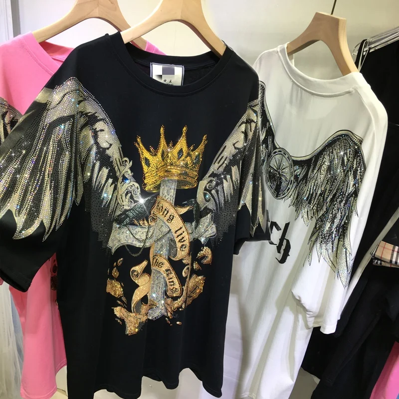 

Luxury Big Wings Hot Drilling Men/women Tshirts 2023 New Summer Streetwear Loose Short Sleeve Tees Mid-long Pullover Top Casual