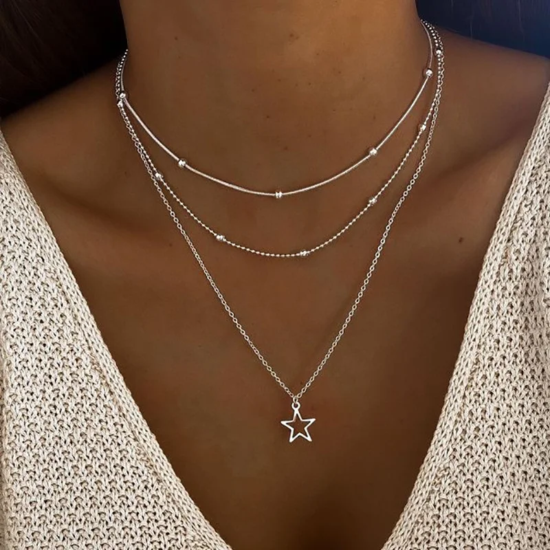 Fashion Gold Color Hollow Star Pendant Necklace Set for Women Simple Vintage Punk Clavicle Chain Necklace 2024 New Gifts Jewelry