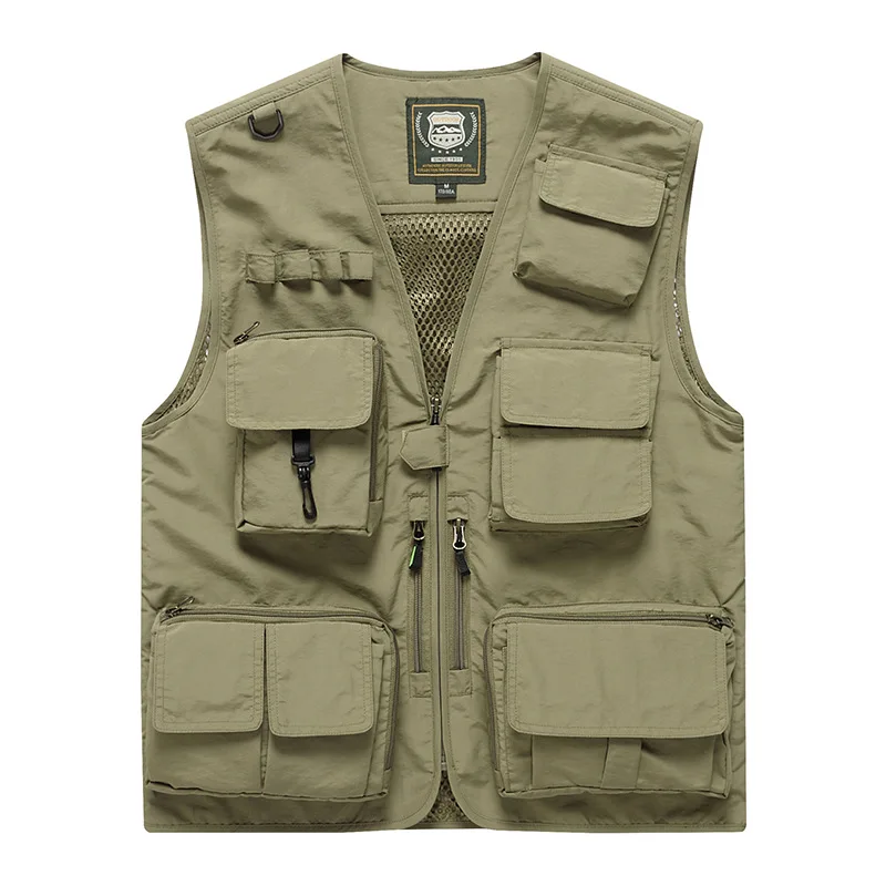 Autumn and Winter Men's V-neck Zipper Multiple Pockets Solid Color Hollow Hole Cardigan Large Vest Fashion Casual Coat Tops