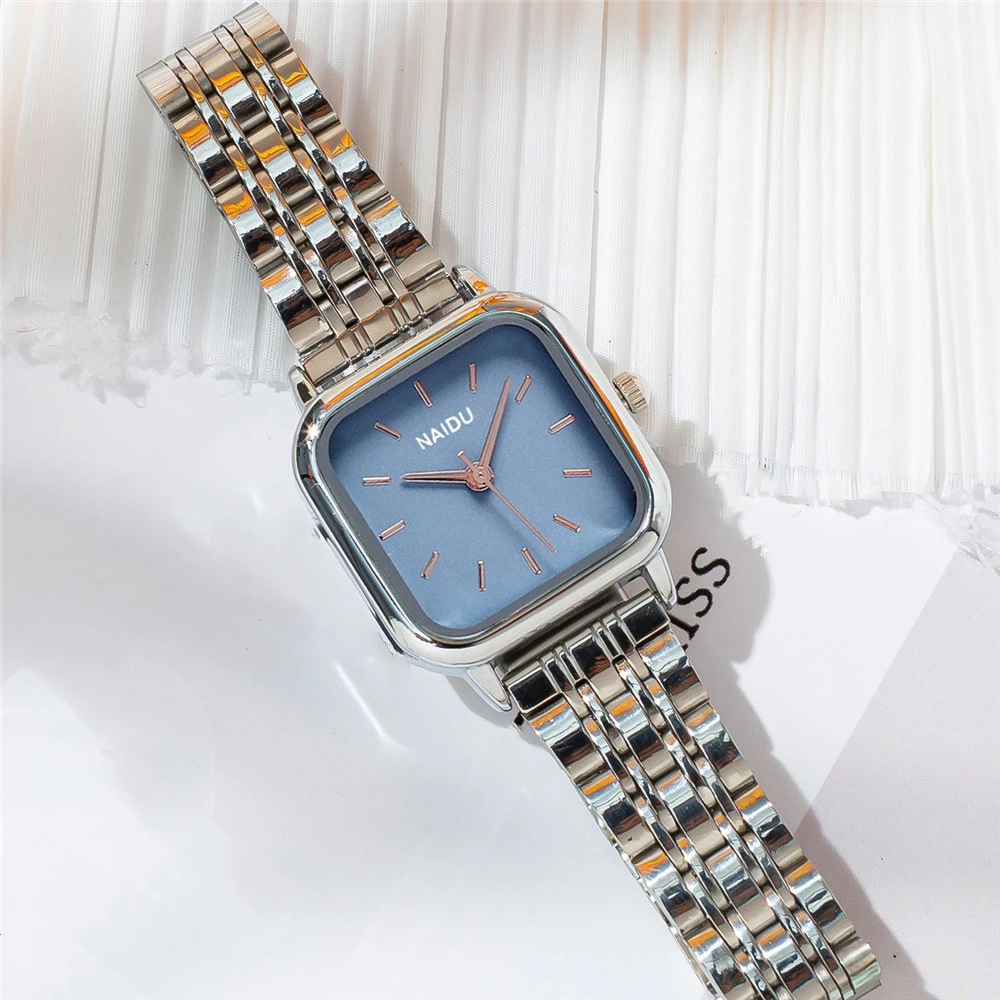 fashion simple square dial women quartz steel watch 6