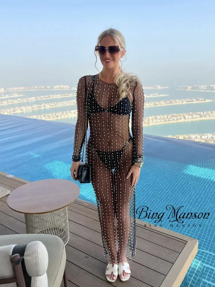 

2023 New Women's Bikini Cover-Ups Dress Ladies Long Sleeve Dress with Pearl Decoration See Through Mesh Sheer Pool Party Dresses