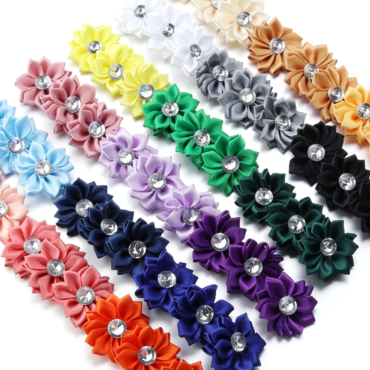 Elegant Handmade Satin Ribbon Flowers with Rhinestone Accents - Set of 20 Decorative Pieces for Clothing and Crafting