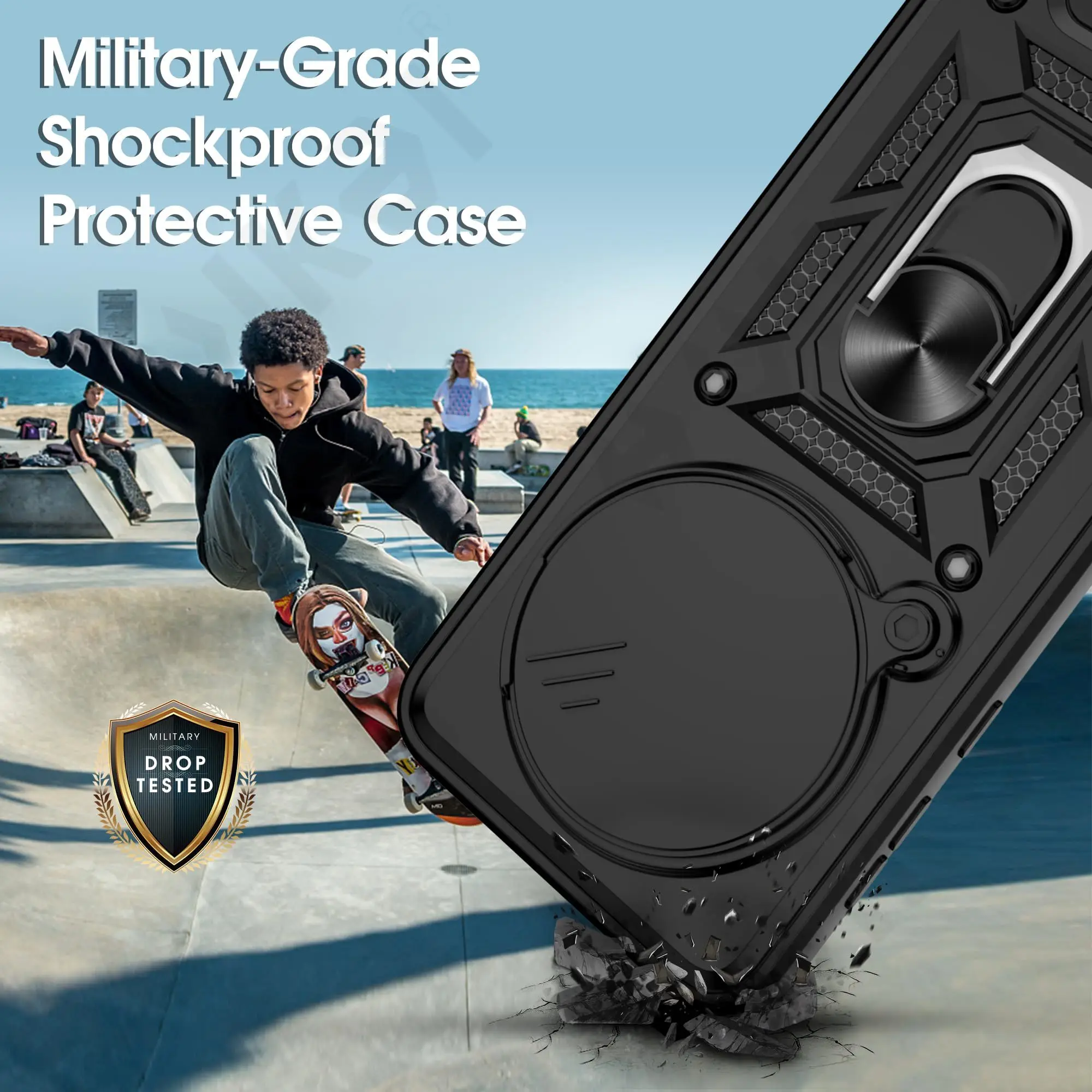 Armor Sliding Camera Cover Case with 360° Support Ring and TPU Protection