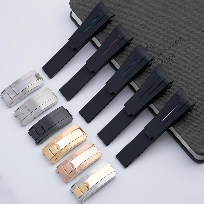 

20mm Black Soft Waterproof Silicone Rubber Watchband For Rolex Strap For Submariner GMT Daytona Yacht Curved End Bracelet