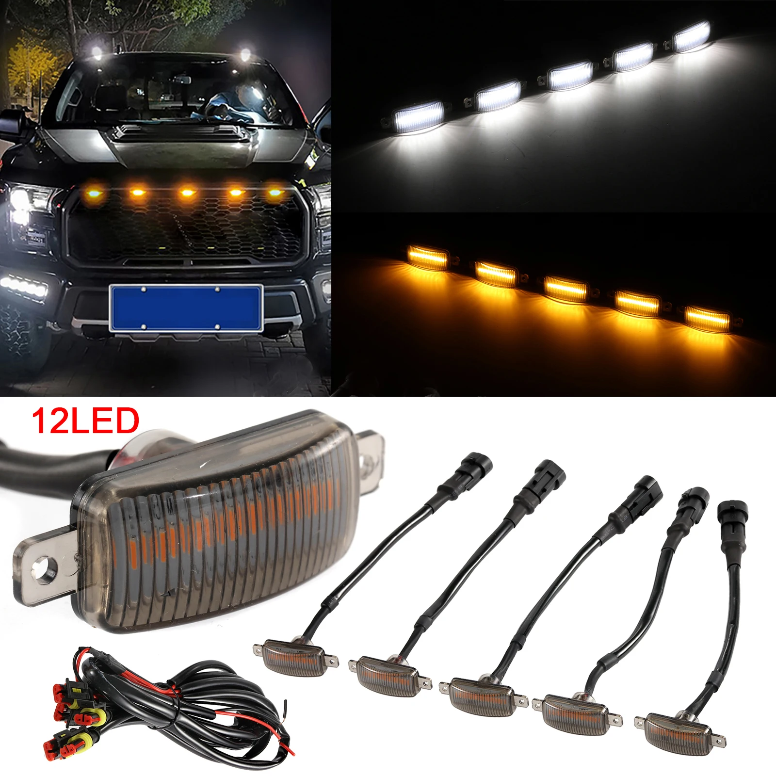 Universal Car Led Grille Light Smoked Amber White 12led Grill Light