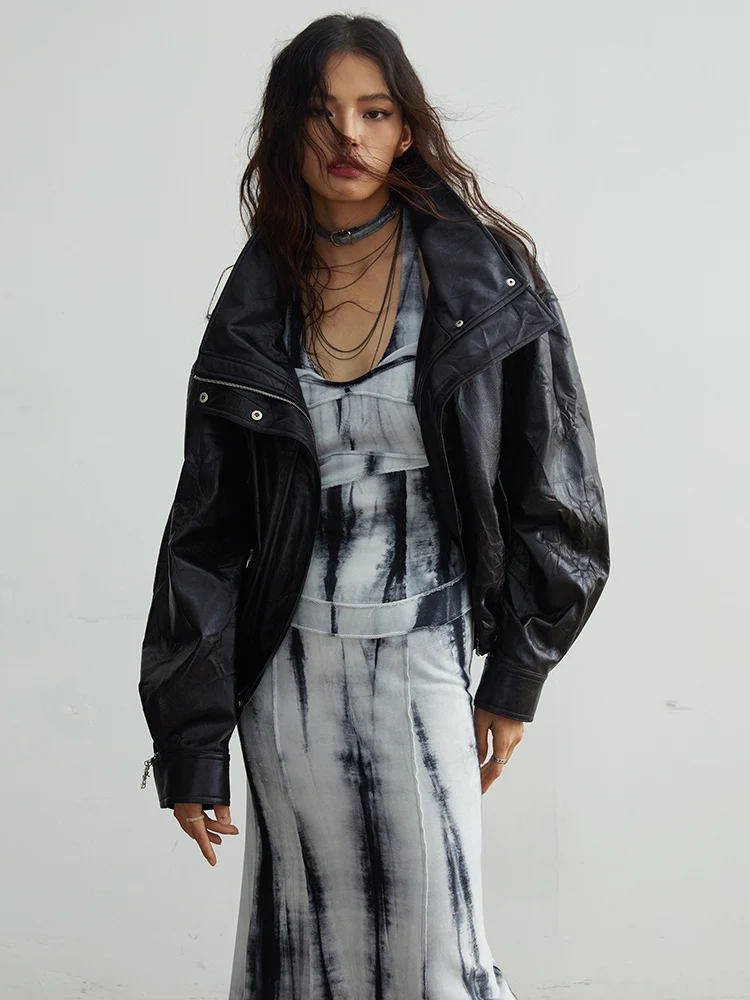 [EAM] Black Big Size PU Leather Jacket New Removable Fur Collar Long Sleeve Women Coat Fashion Tide Spring Autumn 2026 1DH2121