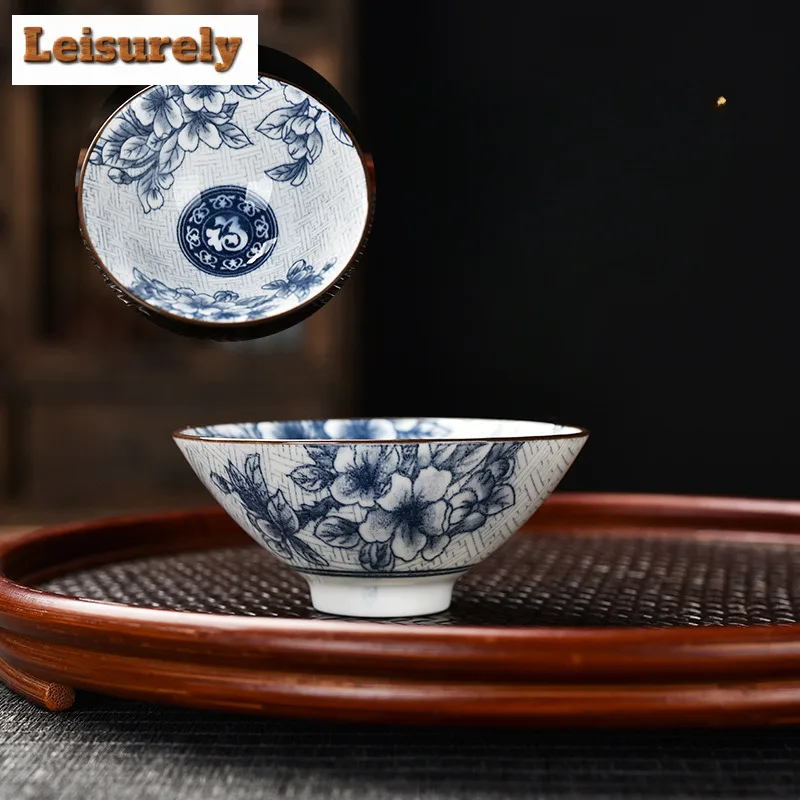 1PCS Blue and White Porcelain Cone Teacup Anti Scaling Hand-painted Tasting Tea Bowl Travel Meditation Cup Chinese Tea Set 70ml