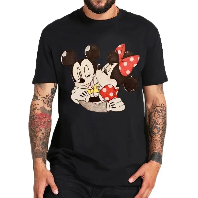 Anime Black T-shirt for Men Disney Mickey Mouse Pattern Women\'s T-shirt Tops Summer Fashion Couples Section Short-Sleeved