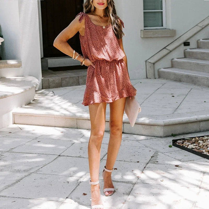 Women Spaghetti Strap Print Playsuits 2024 Summer Casual O Neck Sleeveless Short Jumpsuit Female Lace Up Beach Playsuit Romper