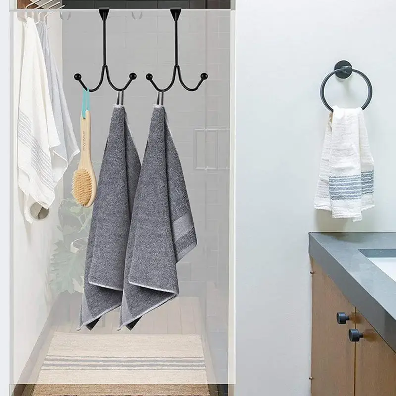 Metal Twin Hooks Metal Prong Shower Door Hooks Hanger Twin Hooks Organizer For Hang Coats Hats Robes Towels Black 4