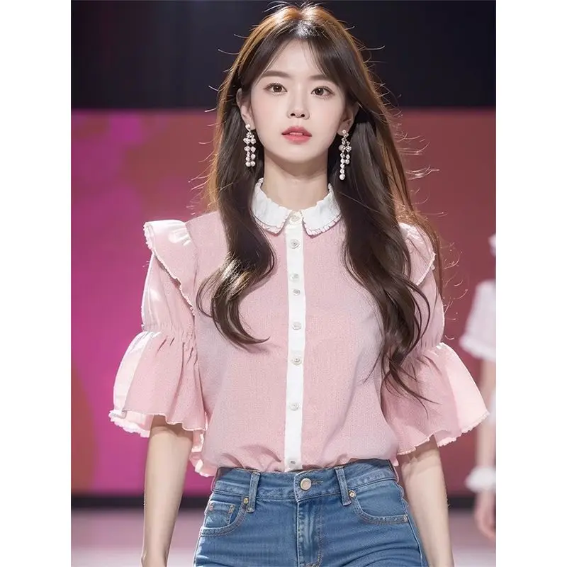 Korea Elegant Top For Women Shirt Female Clothing 2024 New Summer Short Sleeve Blouses