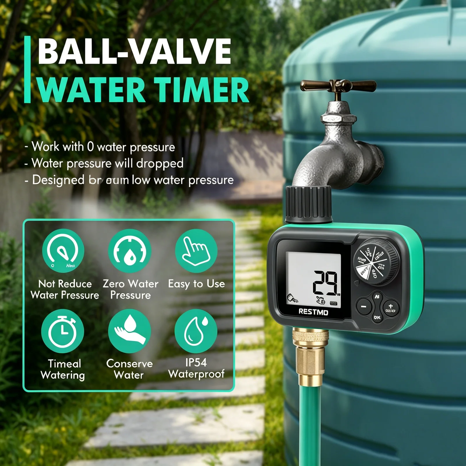 Intelligenter Gartenbewässerungstimer für Niedrigwasserdruck, Sprinklersteuerung für Regentonnen, Outdoor-Schwerkraft-Tropfbewässerungsschlauch
