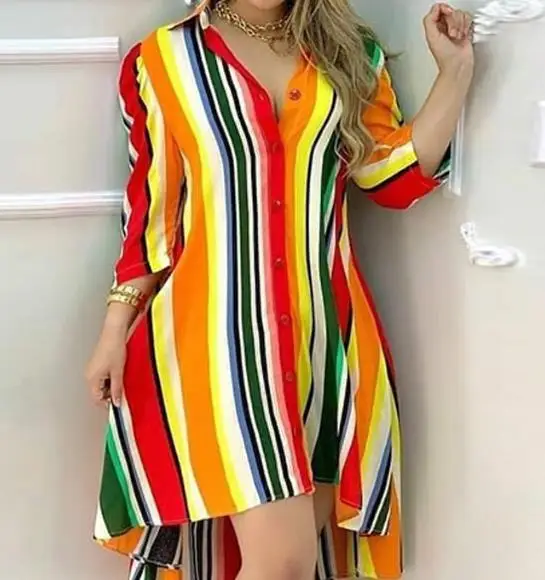 

Womens Dresses 2023 Summer Fashion Colorful Striped Printed Casual Lapel Long Sleeved Daily Asymmetrical Hem Mini Shirt Dress