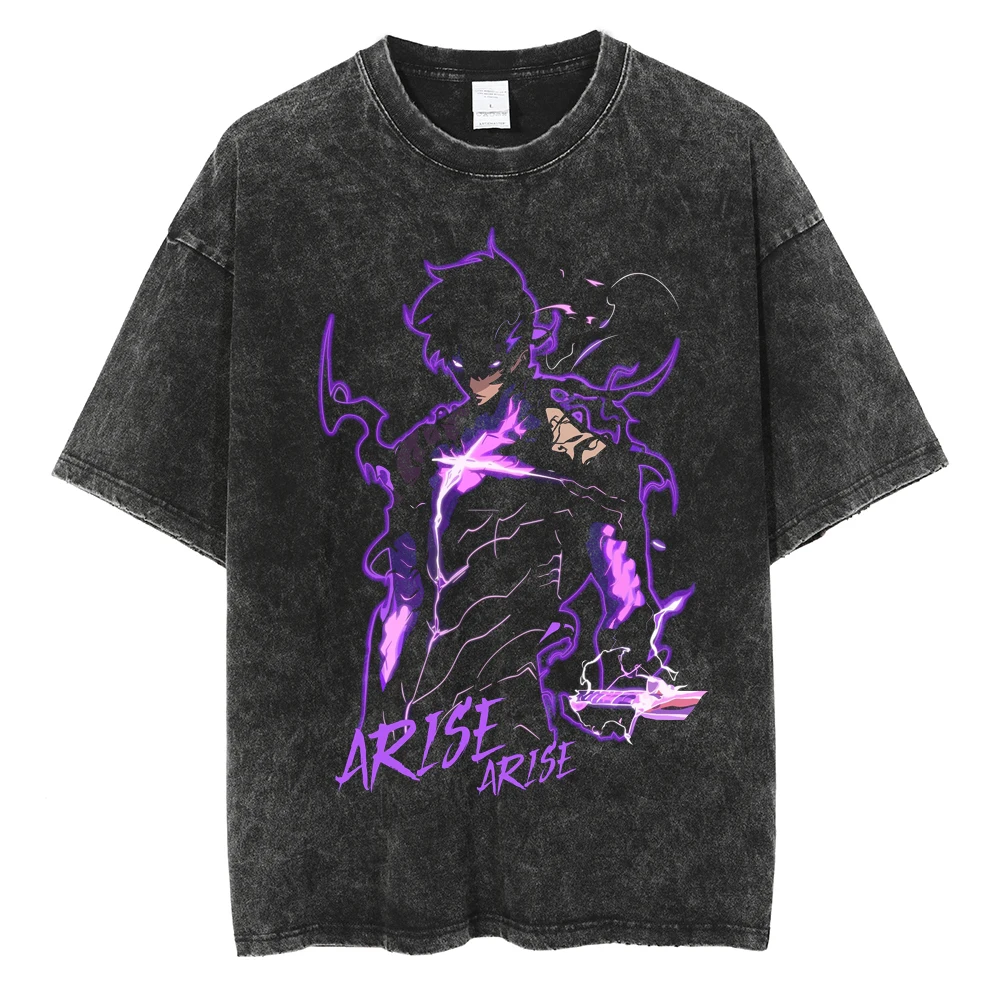 Männer Frauen Vintage Gewaschene Baumwolle T Shirt Streetwear Anime Solo Nivellierung Grafik Drucken Tops Harajuku Lose Kurzarm T-shirts – Detail 10